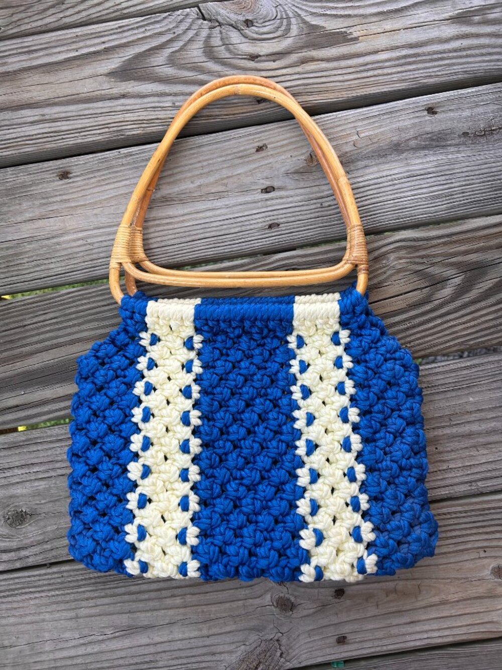 Vintage 70s 80s Handmade Macrame Purse Blue Cream Rattan Style Handles Boho